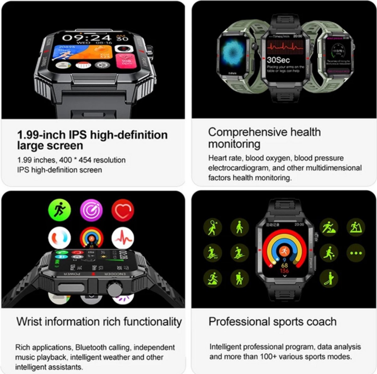 Afbeelding 3 van 2024 Militaire Smartwatch GPS Zwart Amoled HD Scherm