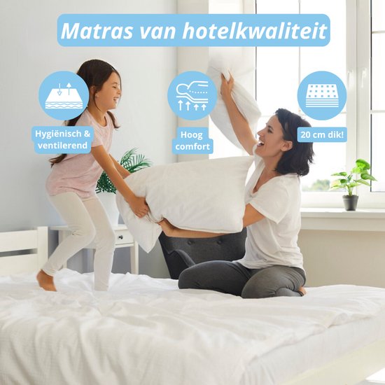 Moeder en dochter spelen met kussens op een matras van hotelkwaliteit. Iconen: hygiënisch, hoog comfort, 20 cm dik.