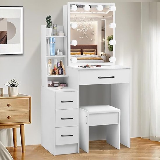Make-uptafel met ledverlichting en verstelbare helderheid, make-uptafel met spiegel, verstelbare planken, 6 laden, modern, wit