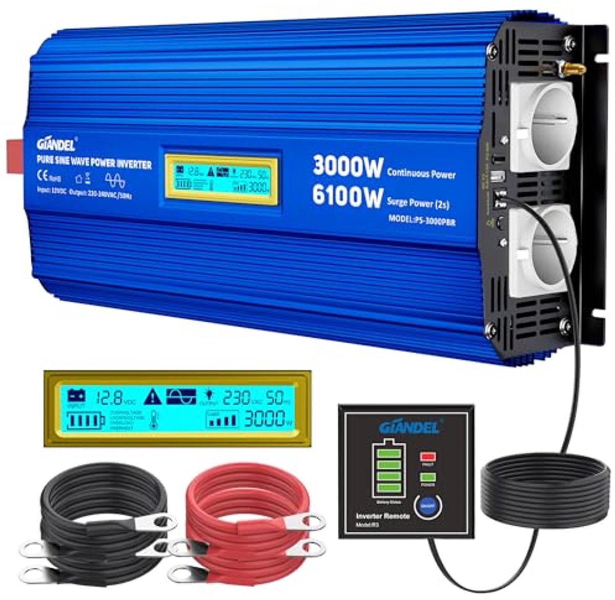 3000 W Zuivere Sinus Omvormer 12 V naar 230 V voor Camper en Camping met USB-C PD