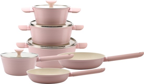 Royal Swiss® 10-delige Forged Aluminium Pannenset – Roze – Luxe Marmeren Antiaanbaklaag – Geschikt voor Inductie, Gas, Keramisch & Elektrisch – Inclusief Glazen Deksel