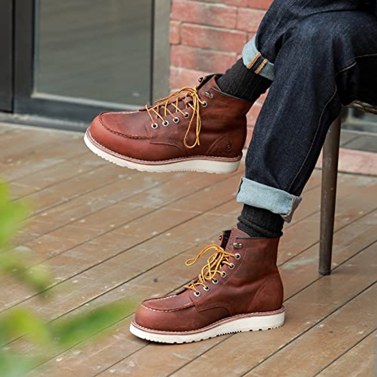 Heren Werklaarzen Zachte Moc Toe Klassiek Casual 6 Inch Wigzool Bouw Schoenen Bruin/Zwart