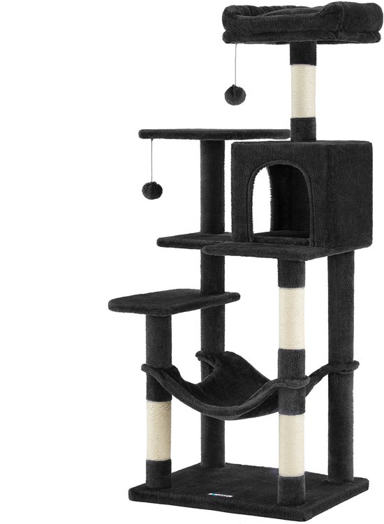 Griffoir noir de 143cm avec deux jouets suspendus et un hamac.