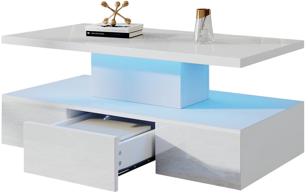 Merax Salontafel met LED Verlichting - Hoogglans Woonkamertafel met Opberglade en Open Vakken - Moderne Rechthoekige Koffietafel - Wit - 100×50×39 cm