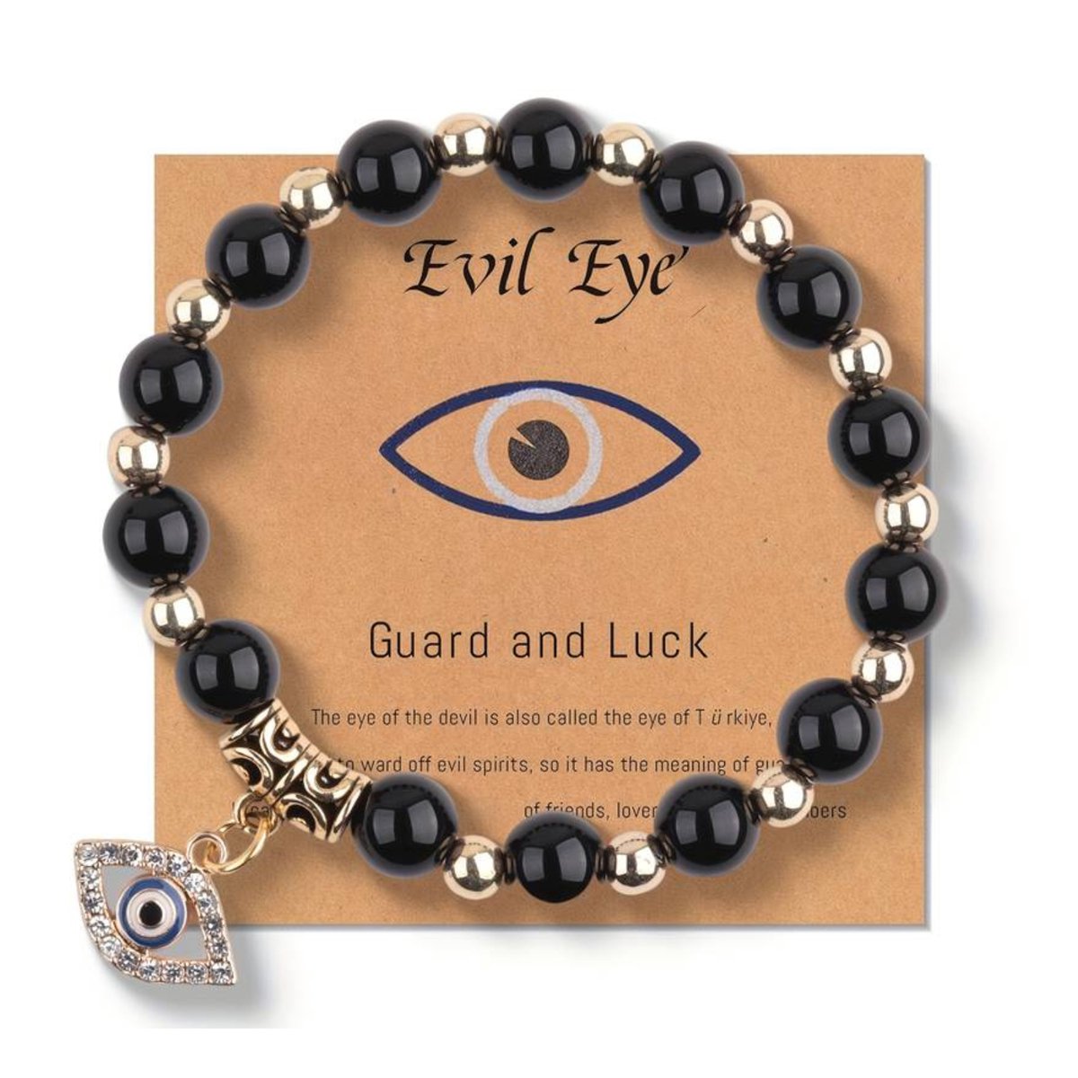 Bescherm Eye Armband - Natuursteen - Goudkleurige en Zwarte Stenen - Bescherming & Geluk - Handgemaakt - One Size - Dames