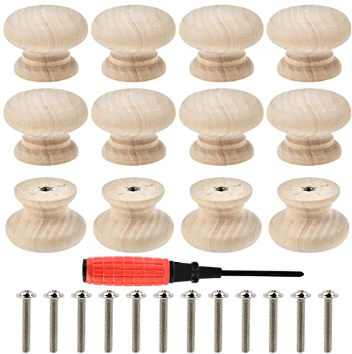 Ronde houten meubelknoppen 3,5 x 2,5 cm - Set van 12 met schroeven en schroevendraaier voo