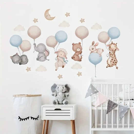 Muursticker 'Dieren aan Ballonnen' - 80x51cm - Zelfklevend - PVC - Babykamer - Kinderkamer - Jongen - Meisje - Pastel