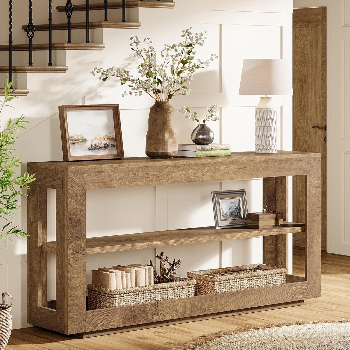 Tribesigns Consoletafel - Sidetable - Hout - Bruin - Industrieel - 160 x 35 x 85 cm - Console Tafel met 3-laags Opbergplank voor Hal, Woonkamer, Entree