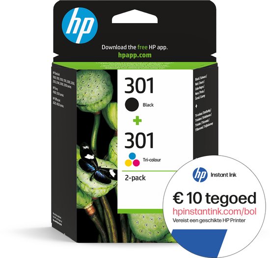 HP 301 inktcartridge 2-pack met afbeelding van bloemen en vlinder.