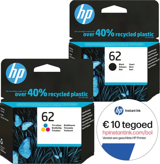 Cartouches d'encre HP 62, une couleur et une noire, avec une offre Instant Ink de 10€ de crédit.