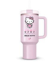 Lichtroze Hello Kitty beker van 1,2 liter met afbeelding van Hello Kitty, bloemen en de tekst "Hello Kitty".
