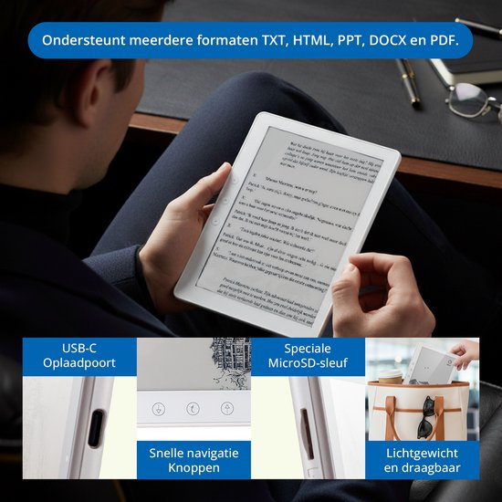 Veloura e-reader met hoesje, ondersteunt TXT, HTML, PPT, DOCX en PDF. Met USB-C, MicroSD-sleuf, snelle knoppen en is lichtgewicht.
