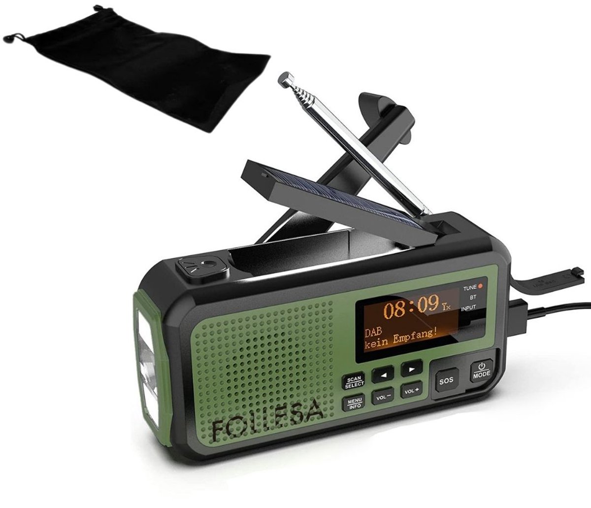 Follesa® Noodradio Army Green - Noodradio - 5500Mah Solar Powerbank - Survivalradio - Dab+/FM - Solar Opwindbaar - Powerbank - Bluetooth - Digitale Wekker - Noodpakket