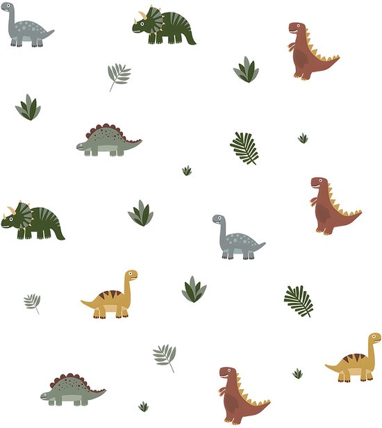 Stickers muraux avec divers dinosaures et feuilles.