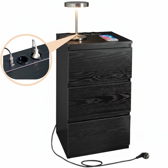 Casamoda Nachtkastje - H55 x B40 x D35 cm - 3 Lades - Stopcontact en USB - Draagkracht 45 kg - Moderne Bijzettafel - Zwart