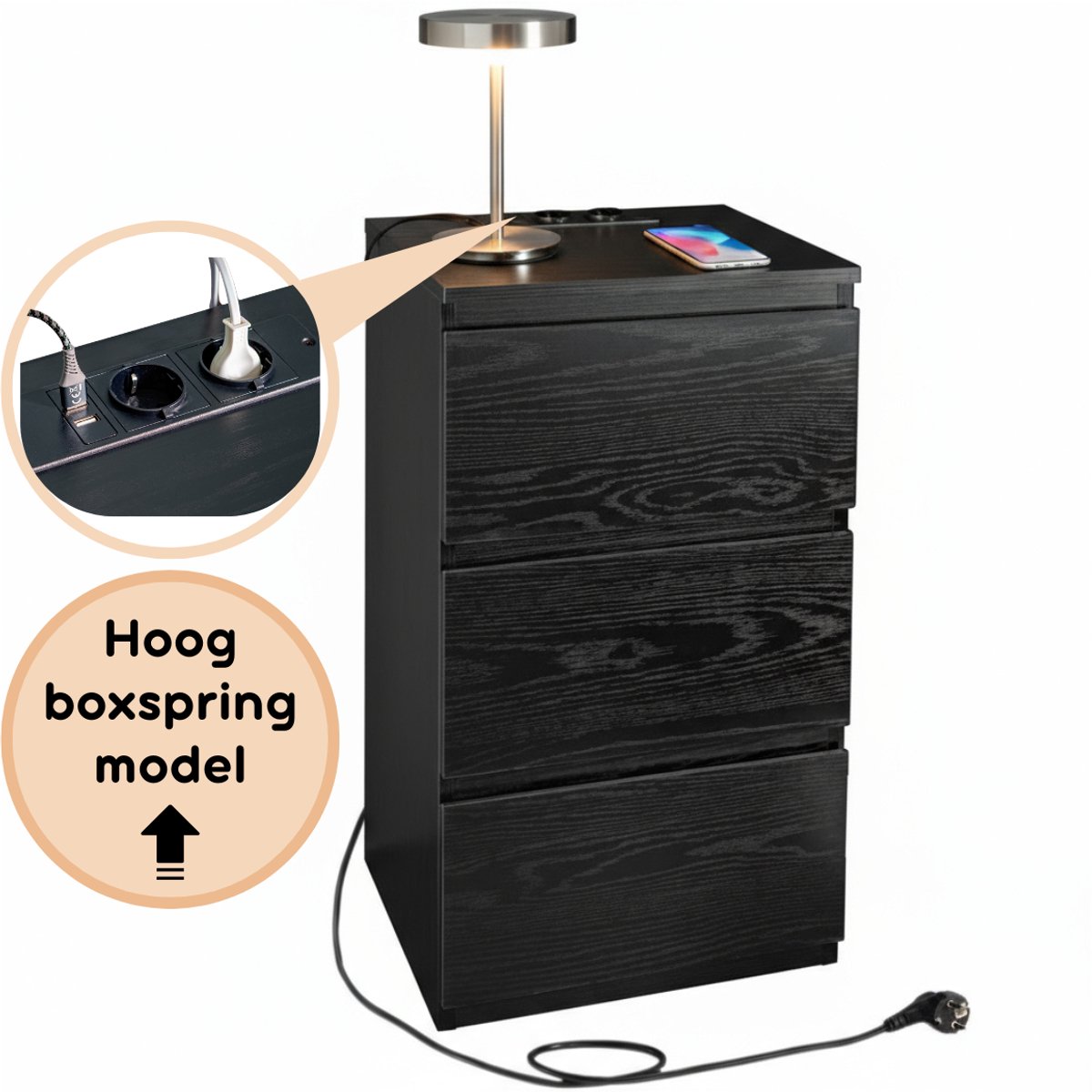 Casamoda Extra Hoog Nachtkastje voor Boxspring - H70 x B40 x D35 cm - 3 Lades - Stopcontac