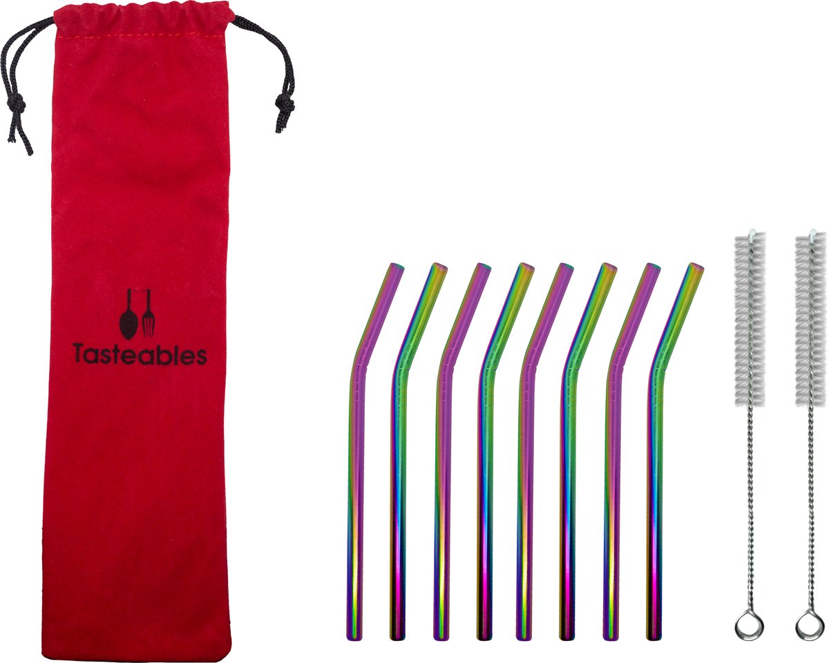 RVS Rietjes Gebogen - Tasteables - Cocktail Rietjes - Set van 8 - Duurzaam - Herbruikbaar - Reinigingsborstel - 140mm lengte - Regenboog