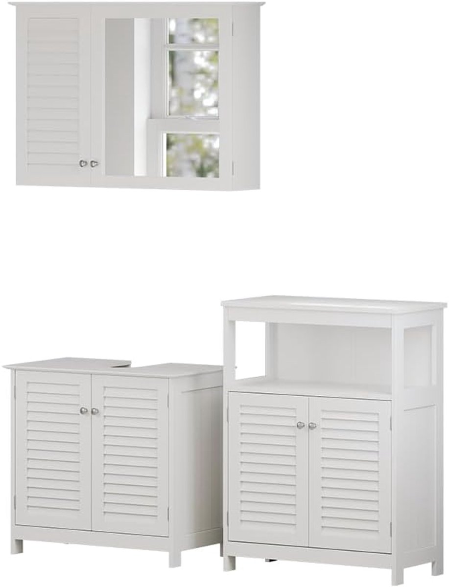 Luxe Badkamermeubelset Riad Wit – 3-delige Moderne Badkamerkast Set met Spiegelkast, Wastafelkast & Midi Kast – MDF Hout, Grote Opbergruimte, Vochtbestendig & Krasvast – Scandinavisch Design
