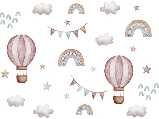 Muurstickers met roze ballonvarende mandjes, wolken, sterren, regenbogen en slingers op een muur.