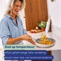 Vrolijke vrouw met blond haar in spijkerblouse schudt gefrituurde aardappelblokjes uit een pan.