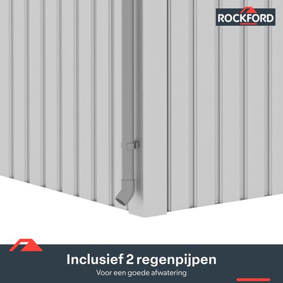 Rockford Porto 200 metalen tuinhuis met lessenaarsdak - Tuinschuur met centraal slot, polycarbonaat ramen en regenpijpen - 232 x 254 cm - Lichtgrijs