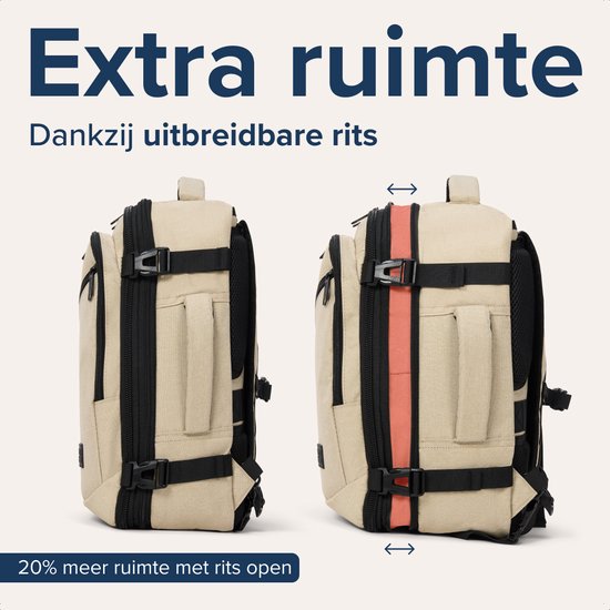Beige rugzak met zwarte banden. De rechter rugzak toont de uitbreidbare rits met een oranje band.