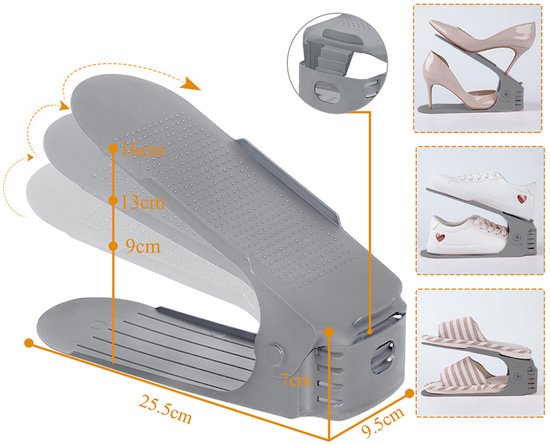HENGMEI Set of 10 Adjustable Shoe Racks, Shoe Stacker, Shoe Holder, Shoe Organizer, 3 Height Adjustable, Non-Slip, White