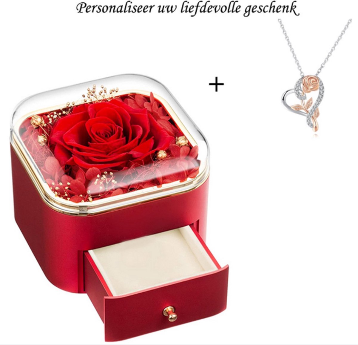 Elegante Romantische Geschenkdoos Rood + Luxe Rose Bloem Ketting - Liefdes Doos + Sieraad - Valentijn Cadeau - Huwelijks Geschenken - Trendy Kerstcadeau In Luxe Harten Box - Liefdesdoos Verjaardag Geschenk - Romantisch Cadeau - Met Rozen Geur