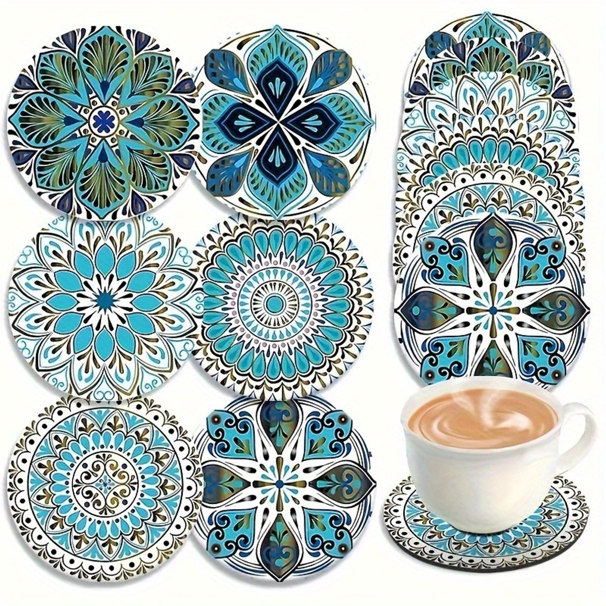 Houten onderzetters met bloemen- en geometrisch patroon, 6 stuks/set, 10 cm