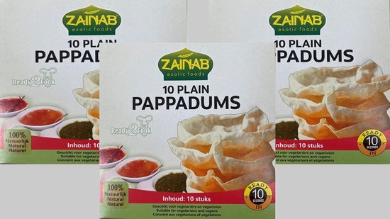 Zainab | 3 x 10 stuks Pappadums | klaar voor gebruik | Indiase cracker | Vegan, glutenvrij | multipack