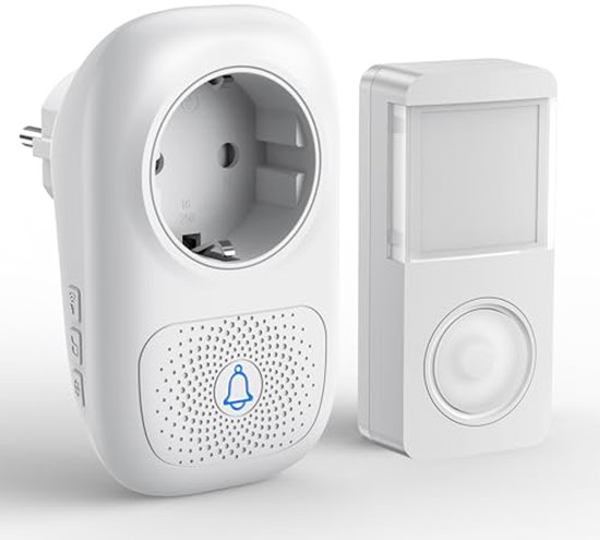 Witte deurbelset met een stekkerontvanger en een drukknop. De ontvanger heeft een stopcontact en bedieningsknoppen. De drukknop is compact en vierkant met een bel-icoon.