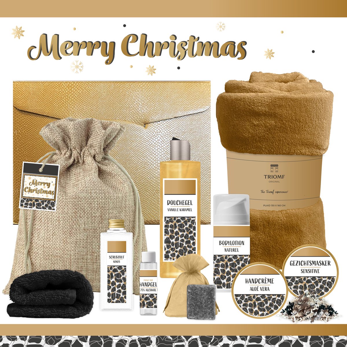 Geschenkset “Merry Christmas” - 10 producten - 1410 gram | Giftset voor haar - Luxe wellness cadeaubox - Cadeau vrouw - Gift Set Kerst - Geschenk Fijne Feestdagen - Kerstpakket - Cadeaupakket - Prettige Kerstdagen - Collega - Panter Zwart Goud