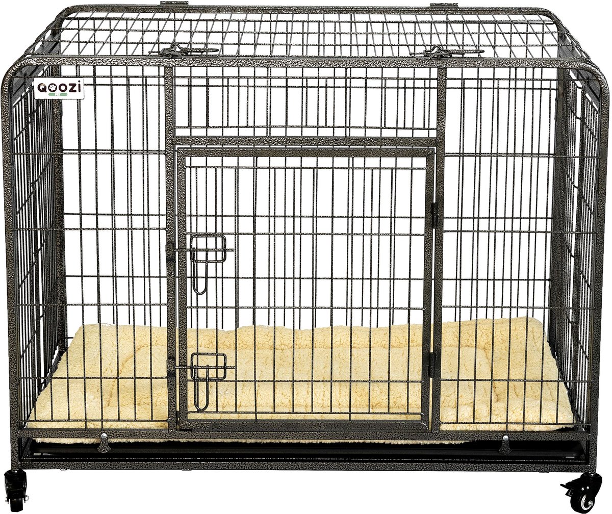 Qoozi Pet Hondenbench op Wielen – 125x76x81 cm – Met 1 Deur & Inclusief Hondenkussen – Stevig 15 mm Stalen Frame – Verhoogde Bodem, Afneembaar Dakpaneel & wielen met rem – Voor Grote Honden – QZ1121548