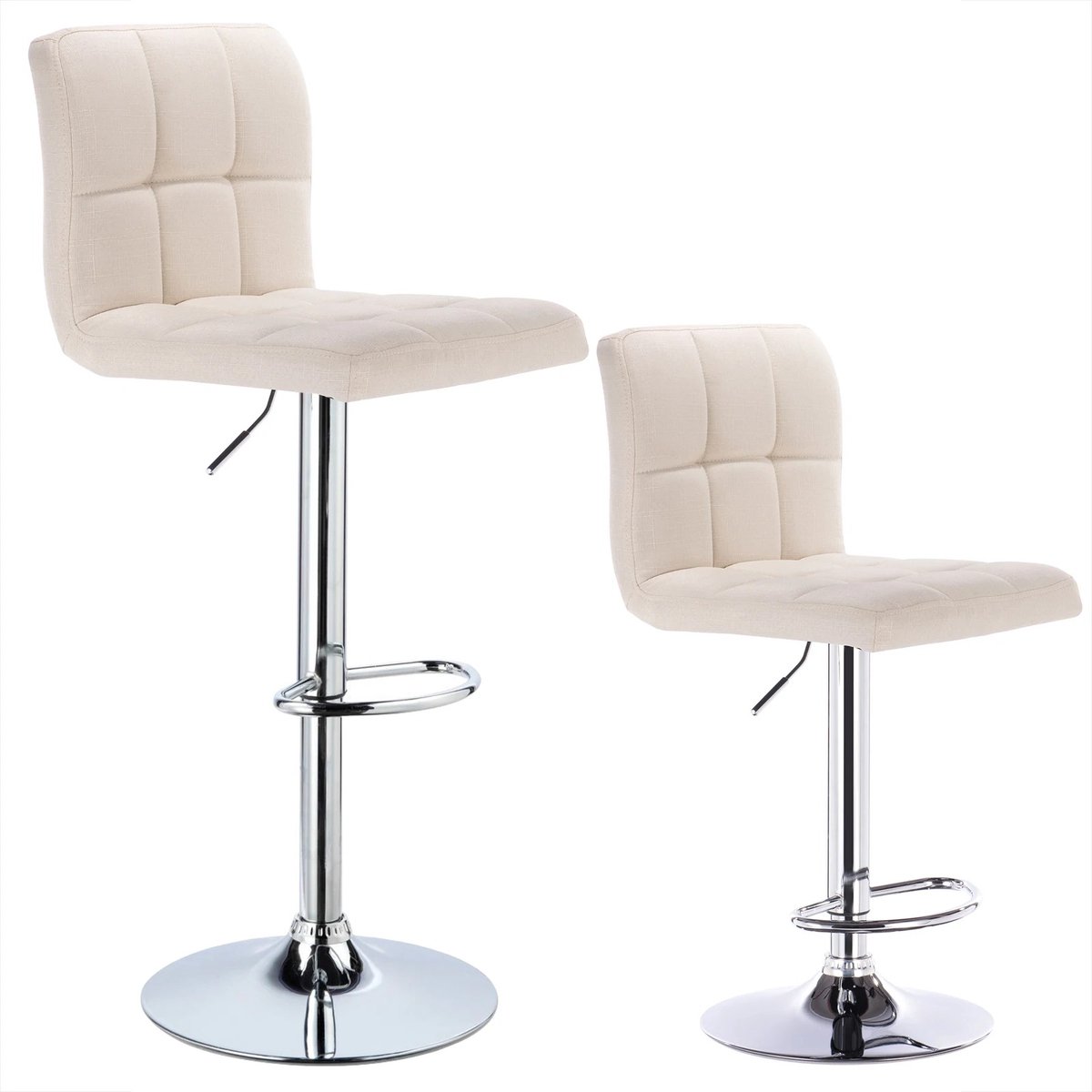 Set van 2 Linnen Barkrukken – In Hoogte Verstelbare Barstoelen met Rugleuning – Chroom Stalen Frame - Gewatteerde Zitting – Hoge Krukken voor Keuken, Bar, Bistro & Eetkamer - Stoelen Crème/Wit