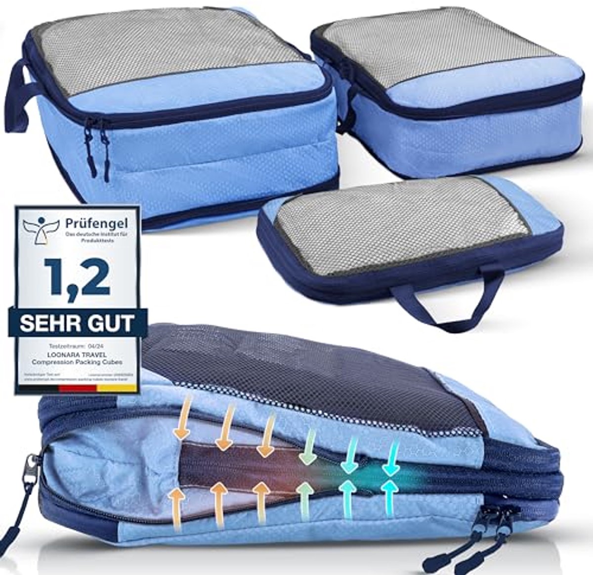 Inpak Cubes met Compressie voor Koffer en Rugzak - 3-delige Set in Blauw