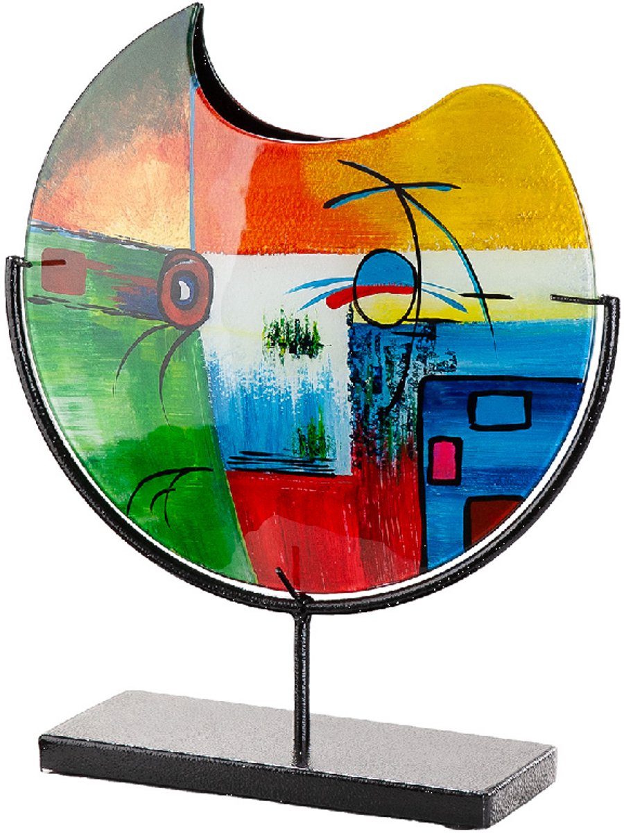Decoratie Vaas happines – 9x33x39 cm Artistieke Vaas in Groen-Blauw Glas op Metalen Standaard