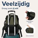 Olijfgroene rugzak op een koffer, met opbergbare banden en een extra handvat.