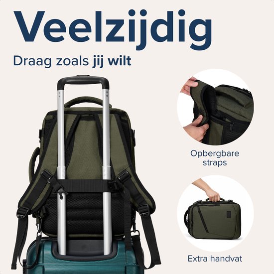 Olijfgroene rugzak op een koffer, met opbergbare banden en een extra handvat.
