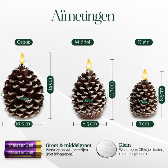 Drie bruine dennenappel LED-kaarsen van verschillende maten, met afmetingen en batterij-informatie.