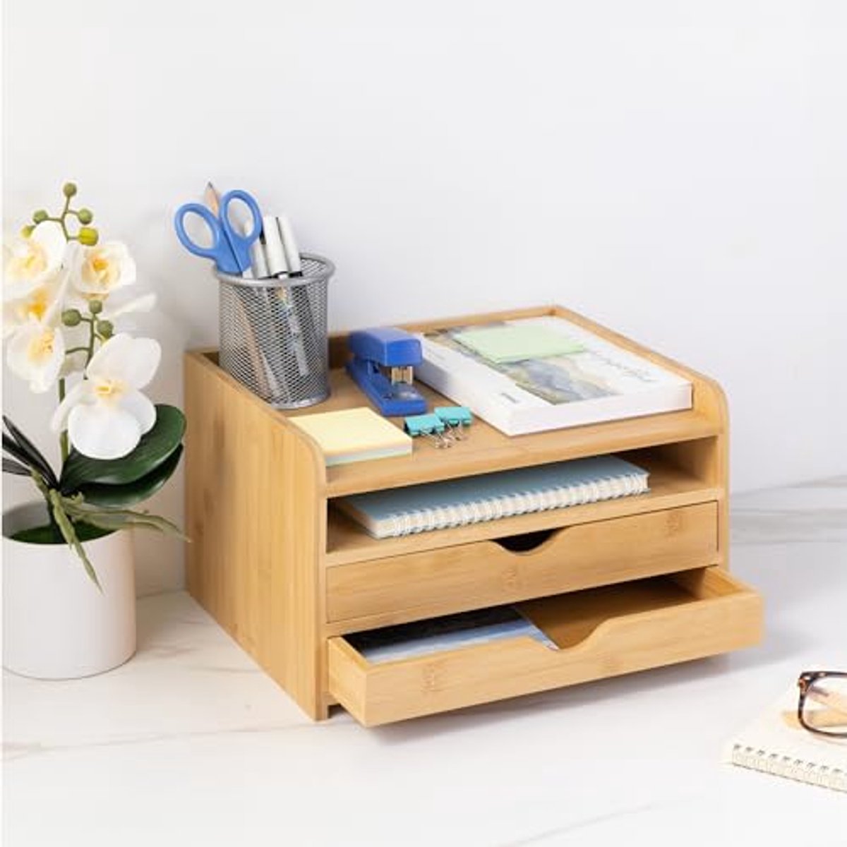 Bamboo Desk Organizer - Preassembled Chest of Drawers for Office and Desk Accessories