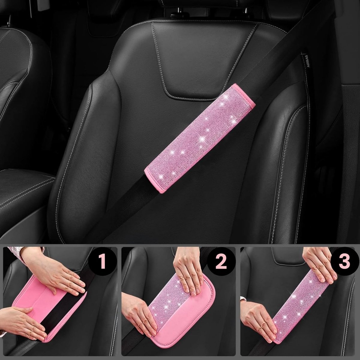 auto decoratie - Auto-accessoires set - 7 Stuks glinsterende decoratieset - bling-stuurhoes - gordelhoes - decoratieve auto - decoratie voor auto - Fonkelende diamantdecoratie - Auto-interieur - schattige complete interieurset - Roze – foto 4