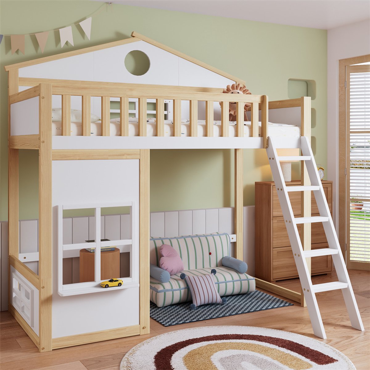 YEHTOKHOME Hoogslaper 90 x 200 cm - Huisbed met raam en uitvalbeveiliging - dak en rechte trap - vrij vormgegeven onderbed - bedframe van grenen - wit + natuurlijk