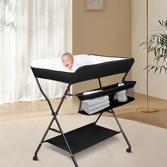 Verschoontafel, commode en badkuip 2-in-1 voor baby's, vanaf de geboorte tot 12 maanden, opvouwbare en draagbare babycommode met 4 wielen, donkergrijs (beige