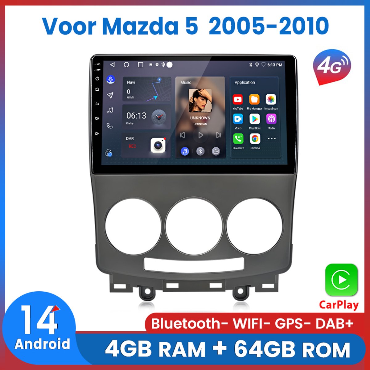 Awesafe 8-Core 4+64GB Autoradio - Geschikt Voor Mazda 5 2005 t/m 2010 - Draadloze Carplay Android Auto - Touchscreen - GPS Navigatie 4G WiFi - Bluetooth Radio - 2005 2006 2007 2008 2009 2010