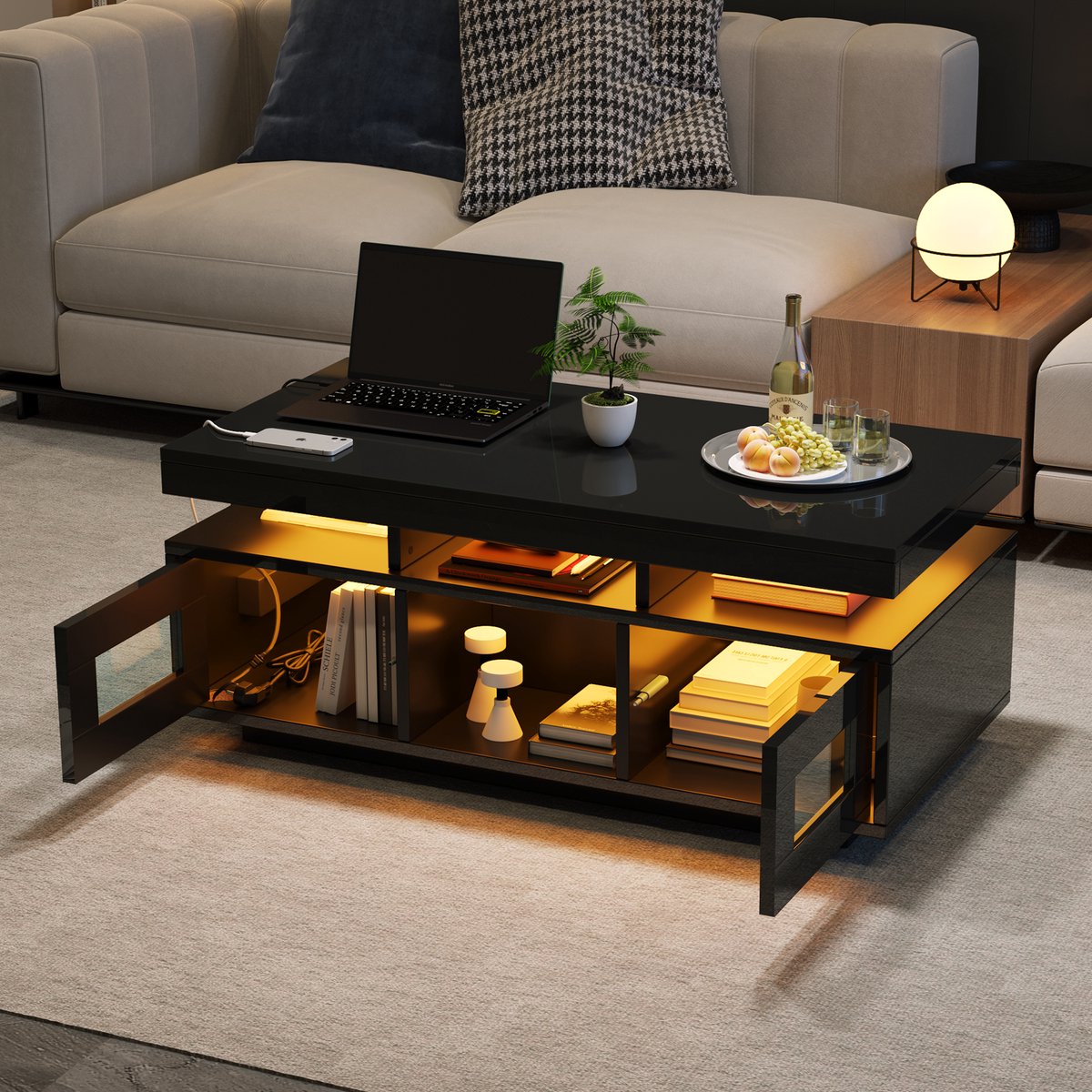 HAUSS SPOLE Salontafels - Koffietafel met LED App-Sturing - 2 Laden & Stopcontact - 100×50×43 cm - Spaanplaat - Zwart