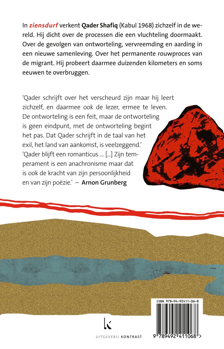 Achterkant van het boek "ziensdurf" met tekst en een berglandschap.