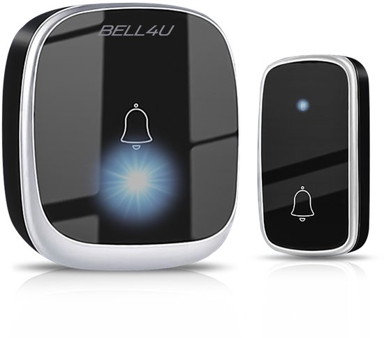 Bell4U deurbelontvanger en drukknop. Beide zijn zwart met zilverkleurige rand en een bel-icoon.