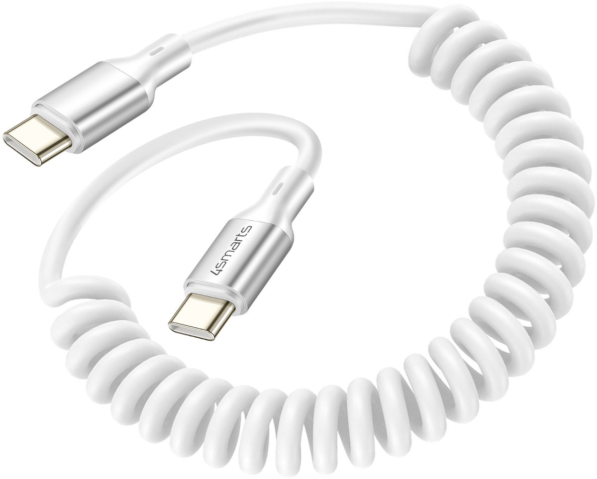 4smarts, USB-C naar USB-C Kabel 100W 480 Mb/s Spiraalvormig Uitschuifbaar 12 tot 50cm, Wit