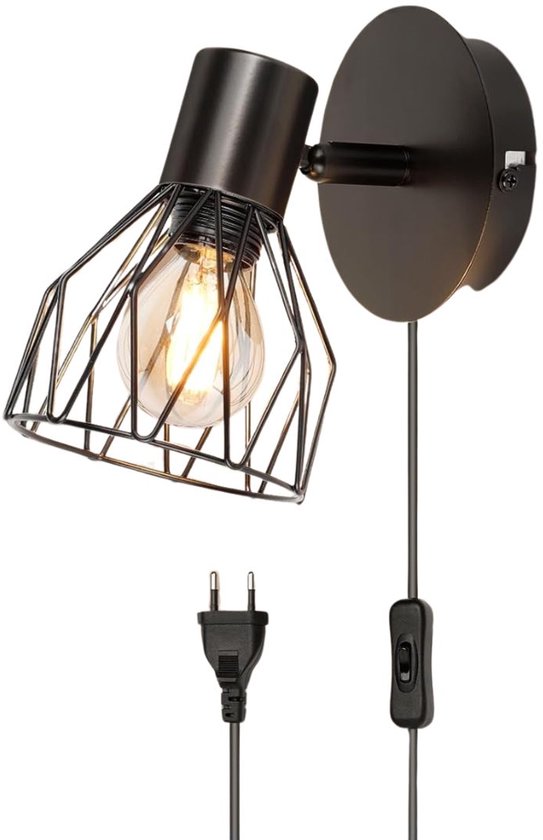 Foto: Dailysupplies wandlamp binnen met snoer wandlamp met stekker voor binnen met dimbare schakelaar industrieel en vintage slaapkamer bedlampje zwart