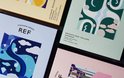 Vier REF Stockholm geschenkdozen met abstracte patronen in pastelkleuren.